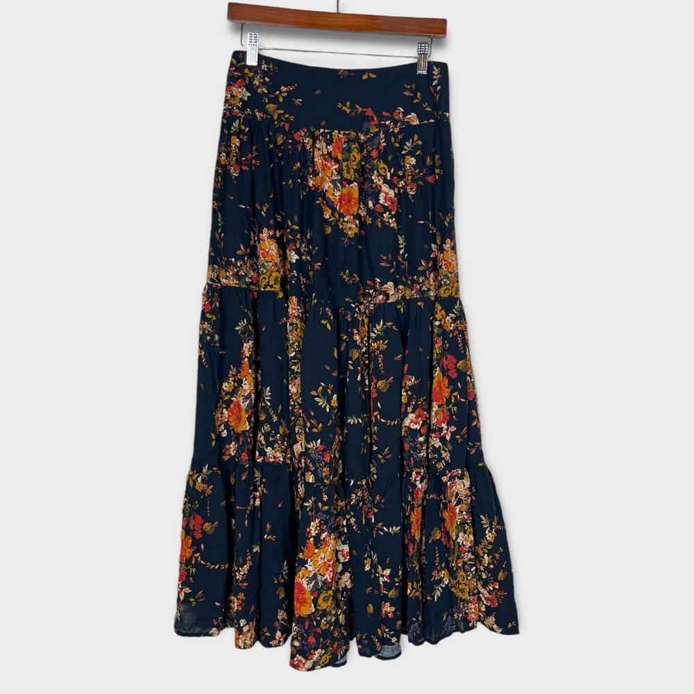 Natural Life Tiered Maxi Skirt Large Long Floral Boho Hippie Beach Festival Blue